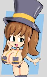 1girl a_hat_in_time bikini black_hat black_socks blue_eyes breasts hand_on_own_cheek hand_on_own_face hat hat_kid huge_breasts long_hair looking_to_the_side open_mouth oppai_loli ponytail sketch skindentation smile socks solo swimsuit thighs thong top_hat yelladrill