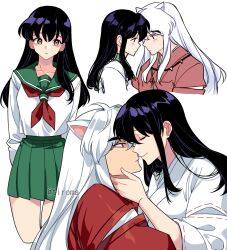 1boy 1girl absurdres animal_ears bead_necklace beads black_hair brown_eyes closed_eyes couple dog_boy dog_ears green_sailor_collar green_skirt hair_between_eyes hand_on_another&#039;s_cheek hand_on_another&#039;s_face hetero highres higurashi_kagome imminent_kiss inuyasha inuyasha_(character) japanese_clothes jewelry long_hair long_sleeves miko multiple_views neckerchief necklace pleated_skirt red_neckerchief sailor_collar school_uniform shirt sidelocks skirt tiroma tooth_necklace twitter_username white_background white_hair white_shirt