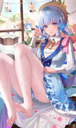 1girl absurdres ayaka_(genshin_impact) blue_eyes blue_hair braid cherry_blossoms fan feet genshin_impact hat highres kamisato_ayaka kamisato_ayaka_(springbloom_missive) light_blue_hair long_hair looking_at_viewer paimon_(genshin_impact) pantyhose photo_(object) soles toes window