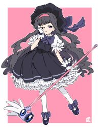 1girl black_dress black_hat border bow bowtie cardcaptor_sakura cosplay covering_own_eyes daidouji_tomoyo dress footwear_bow full_body glove_bow gloves grey_hair hairband hat hat_bow highres kinomoto_sakura kinomoto_sakura_(cosplay) kinomoto_sakura_(magician) long_hair long_sidelocks looking_at_viewer open_mouth outline pantyhose petticoat pinafore_dress pink_background pink_hairband puffy_short_sleeves puffy_sleeves purple_bow purple_bowtie purple_eyes purple_shoes shirt shoes short_sleeves sidelocks sleeve_bow sleeveless sleeveless_dress smile solo standing take_shinobu very_long_hair white_border white_bow white_gloves white_outline white_pantyhose white_shirt