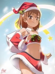 1girl bag breasts brown_eyes brown_hair female_focus flower hair_flower hair_ornament hat highres looking_at_viewer misaka_mikoto navel open_clothes ribbon santa_costume santa_hat short_hair signature skirt sleepy_frippy small_breasts smile solo toaru_kagaku_no_railgun toaru_majutsu_no_index