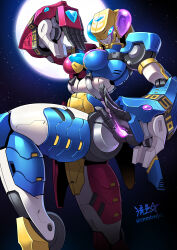 1girl breasts colored_skin fighting_stance full_moon highres humanoid_robot joints leg_up medium_breasts metal_skin moon multicolored_skin night original robot robot_girl robot_joints ryuusei_(mark_ii) smile solo wheel