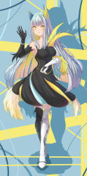 1girl absurdres arknights asymmetrical_footwear asymmetrical_gloves black_boots black_dress black_gloves blonde_hair boots breasts collarbone colored_inner_hair commentary_request crossed_legs dress elbow_gloves genderswap genderswap_(mtf) gloves hair_wings hand_up hellagur_(arknights) highres large_breasts lord_boros_(bouluosi) mismatched_footwear mismatched_gloves multicolored_hair solo thigh_boots watson_cross white_boots white_gloves white_hair yellow_eyes