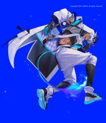 Rule 34 | 1boy, absurdres, blue background, blue eyes, blue fire, blue tongue, colored tongue, dark-skinned male, dark skin, fake tail, fingerless gloves, fire, full body, gloves, grey gloves, highres, jacket, korean commentary, long sleeves, looking at viewer, male focus, nakddidi, open mouth, original, pants, simple background, single fingerless glove, smile, solo, tail, white hair, white jacket, white pants