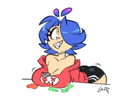 ass blue_hair breasts gerph heart large_breasts short_hair shorts skarpne skarpworld smile yellow_eyes