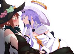 Rule 34 | 2girls, black bow, black dress, black hat, black ribbon, black sleeves, blue eyes, blush, bow, breasts, brown hair, capelet, cleavage cutout, clothing cutout, detached sleeves, dress, from side, hair bow, hair ornament, hat, highres, karakuzu red, long hair, majo to hyakkihei, malia, medium breasts, multiple girls, nezaria, purple hair, ribbon, small breasts, two-tone dress, white capelet, white dress, white hat, witch hat, yuri