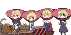 4girls ahoge artoria_pendragon_(fate) artoria_pendragon_(lancer)_(fate) artoria_pendragon_(lancer_alter)_(fate) bad_id bad_pixiv_id blonde_hair braid breasts cake cape cleavage club3 cone_of_shame dress fate/grand_order fate_(series) food french_braid frown gothic_lolita graphite_(medium) green_eyes highres hungry lolita_fashion multiple_girls pet_cone saber_(fate) saber_alter saber_alter_(third_ascension) saliva sketch traditional_media turkey_(food) white_background yellow_eyes