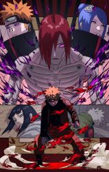 2girls 4boys black_hair black_jacket blonde_hair blue_hair facial_mark forehead_protector grey_hair hatake_kakashi highres hyuuga_hinata jacket konan_(naruto) multicolored_jacket multiple_boys multiple_girls nagato_(naruto) naruto_(series) naruto_shippuuden orange_hair orange_jacket pain_(naruto) purple_eyes red_hair ringed_eyes rinnegan sennin_mode sssiii7610 topless_male two-tone_jacket uzumaki_naruto whisker_markings yellow_eyes