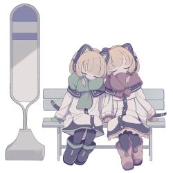 2girls animal_ear_headphones animal_ears bench black_footwear black_pantyhose black_sailor_collar blonde_hair blue_archive boots bow bowtie brown_footwear bus_stop cat_ear_headphones cat_tail closed_eyes dress facing_viewer fake_animal_ears fake_tail full_body green_mittens green_scarf headphones highres holding_hands ketsu_juuji_killer_(kejuki) midori_(blue_archive) mittens momoi_(blue_archive) multiple_girls pantyhose red_bow red_bowtie red_mittens red_scarf sailor_collar scarf siblings side-by-side sisters sitting sleeping tail twins white_dress