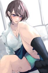 1girl akiyama_cz4a black_socks blue_skirt blurry blurry_foreground blush bra_visible_through_clothes breasts cleavage collared_shirt depth_of_field earclip earrings feet frilled_panties frills green_panties groin groin_tendon hands_on_own_thighs heart heart_earrings heart_necklace heart_pendant highres holding_own_leg jewelry knees long_sleeves looking_at_viewer lower_teeth_only medium_breasts mole mole_on_thigh mole_under_mouth nail_polish necklace nostrils open_mouth original panties pink_nails pleated_skirt purple_eyes shirt sitting skirt slit_pupils socks solo spread_legs teeth toes tongue underwear white_shirt