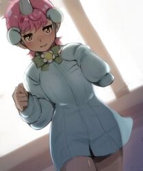 1girl :3 animal_ears blush bow bowtie cowboy_shot extra_ears green_bow green_bowtie hair_between_eyes horse_ears horse_girl kemono_friends long_shirt long_sleeves looking_at_viewer orange_eyes pink_hair puffy_sleeves riri_(dgra3272) shirt short_hair sidelocks solo unico unico_(kemono_friends) unicorn_horn white_shirt