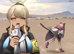 animal_ear_headphones animal_ears area_51 blonde_hair blue_archive bow breasts cat_ear_headphones dark-skinned_female dark_skin desert fake_animal_ears green_eyes hair_bow halo headphones highres holding holding_microphone kai_xin long_hair microphone momoi_(blue_archive) multiple_girls outdoors photo_background ponytail reporter running school_uniform shinon_(blue_archive) underboob