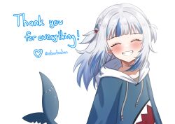 1girl absurdres animal_costume blue_hair blush closed_eyes closed_mouth fins fish_tail gawr_gura gawr_gura_(1st_costume) grey_hair hair_ornament highres hololive hololive_english medium_hair multicolored_hair shark_costume shark_girl shark_hair_ornament shark_tail sharkudon smile solo streaked_hair tail two_side_up virtual_youtuber