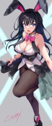 1girl agatsuma_kei alice_gear_aegis black_hair black_leotard black_pantyhose black_vest breasts commentary_request grey_background gucchimax highres leotard long_hair looking_at_viewer mechanical_sword medium_breasts open_mouth pantyhose playboy_bunny purple_eyes shirt showgirl_skirt signature smile solo standing standing_on_one_leg vest weapon white_shirt