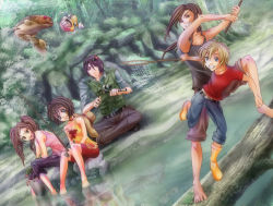 2girls 3boys absurdres asuka_(mascot) boots creamy cupcake dokomi fish food highres julien mascot maxi_(soulcalibur) multiple_boys multiple_girls sai sleeves_rolled_up tomoko yellow_boots