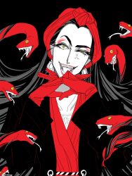 Rule 34 | 1girl, appled 068, black hair, disneyland, dress, earrings, fang, farja, gloves, jewelry, lipstick, long hair, long sleeves, makeup, red gloves, smile, snake, solo, tongue, upper body