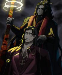 2boys :| absurdres black_hair black_hanfu chinese_clothes cigar closed_mouth curtained_hair dark facial_hair formal_clothes glowing grabbing_another&#039;s_hair hair_ornament hanfu high_ponytail highres holding holding_staff holding_weapon jacket jacket_on_shoulders jia_qiu_(project_moon) lei_heng_(project_moon) limbus_company multicolored_hair multiple_boys ponytail project_moon red_scarf red_suit red_trim rii_dumb scar scar_on_face scarf serious sidelighting staff stole storm streaked_hair stubble suit sweatdrop weapon wide-eyed worried