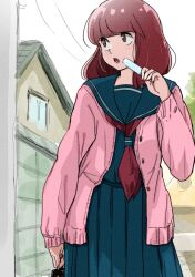 1girl bag black_sailor_collar black_serafuku black_shirt black_skirt blunt_bangs brown_eyes brown_hair commentary food highres holding holding_bag holding_food holding_popsicle house jacket long_skirt long_sleeves looking_to_the_side medium_hair miyake_shinobu neckerchief open_clothes open_jacket open_mouth outdoors pink_jacket pleated_skirt poppowerhearts popsicle power_lines red_neckerchief road sailor_collar school_uniform serafuku shirt skirt sky sleeves_past_wrists solo street urusei_yatsura utility_pole