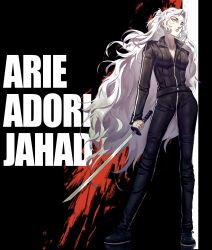 1girl adori_zahard black_background black_jacket black_pants black_shoes blood character_name closed_mouth collared_jacket commentary commission english_commentary eyelashes full_body highres holding holding_sword holding_weapon jacket kapxapius kill_bill long_hair long_sleeves pale_skin pants poster_parody second-party_source shoes simple_background solo standing sword tower_of_god very_long_hair weapon white_eyes white_hair