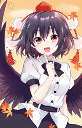 1girl :d belt black_belt black_bow black_bowtie black_hair black_skirt black_wings blush bow bowtie breasts buttons cloud collared_shirt commentary_request cowboy_shot falling_leaves feathered_wings hat highres index_finger_raised leaf looking_at_viewer maple_leaf medium_breasts open_mouth orange_sky outdoors puffy_short_sleeves puffy_sleeves red_eyes red_hat shameimaru_aya shirt short_hair short_sleeves skirt sky smile solo standing tanaka_shoushou_fumimaro tokin_hat touhou white_shirt wings