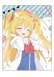 Rule 34 | 1girl, birthday, blonde hair, blush, closed eyes, confetti, decorations, facing viewer, hat, highres, irotoridori no sekai, jacket, long hair, nikaidou shinku, open clothes, open jacket, open mouth, party hat, sailor collar, smile, solo, takakura, two side up, upper body, white jacket