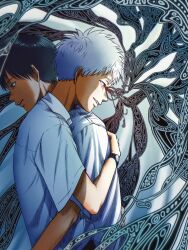 2boys body_horror collared_shirt commentary_request from_side highres hikaru_(hikaru_ga_shinda_natsu) hikaru_ga_shinda_natsu hug male_focus melting_eyes mole mole_on_cheek mole_on_neck mole_under_mouth multiple_boys multiple_moles nano_(h-koki0911) red_pupils school_uniform shirt short_hair short_sleeves smile teeth tsujinaka_yoshiki upper_body upper_teeth_only watch white_hair white_shirt wristwatch
