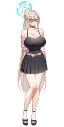 1girl absurdres asuna_(blue_archive) bare_shoulders black_shirt black_skirt blonde_hair blue_archive blue_eyes blue_halo blush bow breasts choker cleavage collarbone eyes_visible_through_hair full_body grin hair_bow hair_over_one_eye halo helandyck highres huge_breasts jacket long_hair looking_at_viewer mole mole_on_breast one_eye_closed pink_jacket roblox shirt skirt smile solo teardrop-framed_glasses thighs very_long_hair white_background
