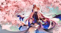 1girl absurdres bare_shoulders blue_eyes book breasts cherry_blossoms citlali_(genshin_impact) genshin_impact hair_ornament highres long_hair looking_at_viewer outstretched_hand petals pink_hair renee smile solo tagme tree very_long_hair