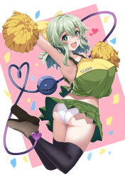 1girl armpits ass black_socks blush breasts brown_shoes cheerleader confetti eyeball from_behind full_body green_eyes green_hair green_shirt green_skirt hair_between_eyes hair_ribbon highres huge_breasts jumping komeiji_koishi kusano_(torisukerabasu) large_breasts looking_at_viewer medium_hair open_mouth panties pantyshot pom_pom_(cheerleading) ribbon shirt shoes skirt smile socks solo third_eye touhou two-tone_shirt underwear white_panties yellow_ribbon yellow_shirt