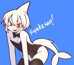 1boy black_leotard black_thighhighs blue_background blush bulge character_request colored_skin copyright_request fins fish_tail head_fins highres leotard looking_at_viewer red_eyes shark_boy shark_tail sharp_teeth short_hair simple_background smile sofo_soup solo sweatdrop tail teeth thighhighs white_hair white_skin