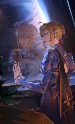 1girl ahoge armor artoria_pendragon_(fate) astral_express_(honkai:_star_rail) back black_cape black_sky blonde_hair blue_bow blue_bowtie blue_dress bow bowtie braid breasts cape cleavage_cutout clothing_cutout cowboy_shot dress fate/stay_night fate/unlimited_blade_works fate_(series) frills green_eyes haaahoi hair_between_eyes hair_bow hair_bun hand_up highres honkai:_star_rail honkai_(series) indoors juliet_sleeves long_sleeves looking_to_the_side mandarin_collar medium_breasts open_mouth planet plant puffy_sleeves reflection saber_(fate) saber_(honkai:_star_rail)_(fate) short_hair shoulder_armor sidelocks sky smile solo space standing teeth two-tone_dress white_dress window