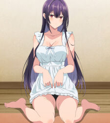 1girl absurdres anime_screenshot apron barefoot blush breasts cleavage closed_mouth collarbone colored_inner_hair feet female_focus gradient_hair haite_kudasai_takamine-san highres indoors large_breasts long_hair looking_at_viewer multicolored_hair naked_apron on_floor purple_hair red_eyes sitting solo stitched takamine_takane thighs third-party_edit toes very_long_hair wariza white_apron wooden_floor