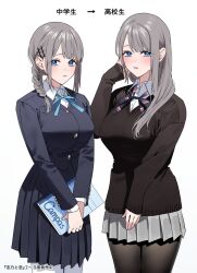1girl age_progression black_pantyhose black_sweater blue_eyes blue_jacket blue_ribbon blue_skirt braid breasts chigusa_minori collared_shirt commentary_request dress_shirt grey_hair grey_skirt hair_ornament hairclip highres holding holding_notebook jacket large_breasts long_hair long_sleeves looking_at_viewer multiple_views neck_ribbon notebook pantyhose pleated_skirt ribbon saotome_shino_(shino_to_ren) school_uniform shino_to_ren shirt sidelocks simple_background single_braid skirt sweater translated white_background white_pantyhose white_shirt