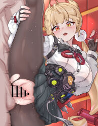 1boy 1girl :o absurdres alice_thymefield animal_ears bar_censor bar_censorred_eyes black_skirt blonde_hair blush breasts censored commentary daram_(shappydude) fingerless_gloves gloves hand_on_own_leg heart hetero heterochromia highres indoors large_breasts large_variant_set long_hair open_mouth orange_eyes pantyhose penis pleated_skirt revision sex shirt skirt split spoken_heart standing standing_on_one_leg standing_sex standing_split sweat torn_clothes torn_pantyhose vaginal variant_set white_shirt zenless_zone_zero