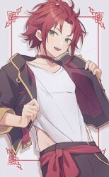 1boy :d absurdres adjusting_clothes bangs_pinned_back black_jacket chinese_commentary choker cowboy_shot ensemble_stars! green_eyes highres hip_vent holding isara_mao jacket looking_to_the_side male_focus open_clothes open_jacket open_mouth red_choker red_hair reijiro shirt short_hair smile solo teeth upper_teeth_only white_background white_shirt