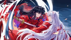 2boys animal_ears bead_necklace beads black_hair blood blood_splatter closed_mouth dog_boy dog_ears dual_persona furrowed_brow grey_eyes hair_between_eyes hakama highres holding holding_sword holding_weapon inuyasha inuyasha_(character) japanese_clothes jewelry katana long_hair looking_at_another male_focus multiple_boys necklace parted_lips red_hakama red_shirt shirt sidelocks sword tooth_necklace upper_body weapon white_hair wide_sleeves xue_ezi yellow_eyes