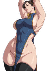 1girl absurdres alecto_0 arms_up black_thighhighs blue_dress breasts capcom china_dress chinese_clothes chun-li double_bun dress from_above hair_bun highres looking_at_viewer looking_down pelvic_curtain short_hair sideboob solo standing street_fighter thighhighs turtleneck turtleneck_dress white_background