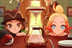 1girl 2boys az_(pokemon) blonde_hair blue_eyes brown_eyes brown_jacket call_bell closed_mouth coffee commentary curtains day dripping ffccll floette game_freak gen_6_pokemon hair_bun hand_up hands_up hat highres indoors jacket multiple_boys nintendo paxton_(pokemon) picture_frame plate poke_ball poke_ball_(basic) pokemon pokemon_(creature) pokemon_legends:_z-a smile table taunie_(pokemon) window