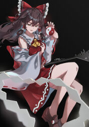 1girl absurdres ascot black_background bow brown_eyes brown_hair brown_shoes chinese_commentary commentary_request dated detached_sleeves fossilized_wonders frilled_bow frilled_hair_tubes frills gohei hair_bow hair_tubes hakurei_reimu highres loafers long_hair looking_at_viewer open_mouth orb red_bow red_skirt ribbon-trimmed_sleeves ribbon_trim sakura_no_ha shoes signature simple_background skirt skirt_set smile solo touhou yellow_ascot yin_yang yin_yang_orb
