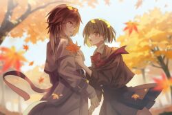 2girls :o aketa_mikoto autumn black_skirt blush bow bowtie brown_coat brown_hair coat eye_contact falling_leaves gradient_hair green_hair holding holding_another&#039;s_wrist holding_leaf idolmaster idolmaster_shiny_colors kevn leaf long_sleeves looking_at_another maple_leaf multicolored_hair multiple_girls nanakusa_nichika outdoors pleated_skirt profile red_bow red_bowtie skirt tree