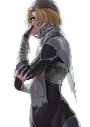1girl blonde_hair finger_wrap hair_over_one_eye highres nintendo otsubo_kiko red_eyes sarashi sheik solo the_legend_of_zelda the_legend_of_zelda:_ocarina_of_time turban upper_body white_background