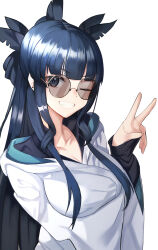 1girl absurdres artemis_of_the_blue atelier_live black_collar blue_hair blue_pupils blunt_bangs breasts collar dark_blue_hair earrings hair_behind_ear hair_ribbon hell2_(ses0297) highres hood hood_down hoodie jewelry one_eye_closed ponytail ribbon shark_girl smile solo source_request stud_earrings v virtual_youtuber wavy_sidelocks white_background white_hoodie wide_sleeves wink