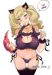 1girl absurdres animal_ears aqua_eyes artist_name bell black_thighhighs blonde_hair blush breasts cat_cutout cat_ears cat_lingerie cat_tail choker cleavage cleavage_cutout clothing_cutout collarbone cowboy_shot earrings fur_collar goro_orb hair_ornament hairclip hand_up head_tilt heart highres jewelry jingle_bell large_breasts long_hair looking_at_viewer meme_attire meowing navel neck_bell panties parted_lips patreon_username persona persona_5 side-tie_panties simple_background solo spoken_heart stomach string_panties sweat tail takamaki_anne thighhighs twintails underwear watermark wavy_hair white_background