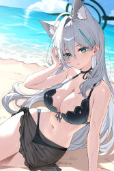 animal_ears bare_arms bare_shoulders beach bikini black_bikini blue_archive breasts grey_hair hair_between_eyes highres large_breasts long_hair navel official_alternate_hairstyle shiroko_(blue_archive) shiroko_terror_(blue_archive) swimsuit thighs wolf_ears yeohye_s2