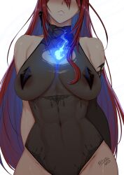 1girl abs absurdres areola_slip blue_fire blush breasts colored_inner_hair commentary commentary_request elizabeth_rose_bloodflame elizabeth_rose_bloodflame_(1st_costume) english_commentary fire highres hololive hololive_english large_breasts leotard long_hair looking_at_viewer mixed-language_commentary multicolored_hair muscular muscular_female myth1carts parted_lips partial_commentary red_hair solo translucent very_long_hair virtual_youtuber