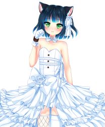 1boy animal_ears black_hair blue_hair cat_boy cat_ears dress flat_chest gloves gradient_hair green_eyes highres male_focus multicolored_hair nami_(nyaa) ryoune_yami short_hair solo trap utau wedding_dress white_gloves