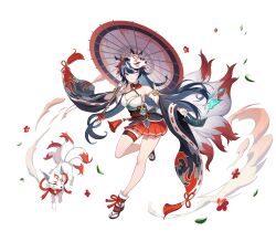 1girl absurdres animal armpits bare_shoulders bell between_fingers black_choker black_hair black_sleeves blue_eyes breasts choker commentary_request detached_sleeves facial_mark fox full_body highres holding holding_umbrella jingle_bell kitsune kurimui2 long_hair looking_at_viewer medium_breasts miniskirt multicolored_hair obi ofuda oil-paper_umbrella one_eye_closed original pleated_skirt red_skirt sash shirt simple_background skirt sleeveless sleeveless_shirt slippers smile solo streaked_hair tabi thigh_strap thighs umbrella very_long_hair white_background white_shirt wide_sleeves