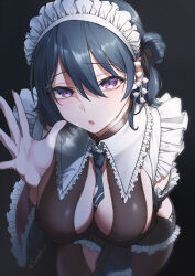 1girl absurdres apron between_breasts black_background black_dress black_ribbon blue_hair blue_necktie breasts cleavage dress eyelashes flower frilled_apron frills hair_between_eyes hair_flower hair_ornament highres indie_virtual_youtuber large_breasts leaning_forward looking_at_viewer maid maid_headdress mole mole_under_mouth necktie necktie_between_breasts purple_eyes ribbon senegalus_c simple_background solo tokiai_misao torn_clothes torn_necktie twitter_username virtual_youtuber white_flower wide_sleeves