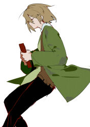 Rule 34 | 1boy, absurdres, black pants, book, brown hair, brown vest, closed eyes, closed mouth, coat, commentary, feet out of frame, from side, green coat, harada mutei, highres, holding, holding book, invisible chair, long sleeves, male focus, open clothes, open coat, pants, saibou shinkyoku, shirt, short hair, shuiyemusan, simple background, sitting, solo, symbol-only commentary, vest, white background, white shirt