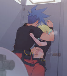 2boys arm_up armband bathroom belt belt_pouch black_belt black_gloves black_shirt blonde_hair blue_hair breath clothes_lift commentary_request galo_thymos gloves half_gloves hand_on_another&#039;s_back hand_on_another&#039;s_stomach highres kome_1022 lio_fotia male_focus mohawk multiple_boys pants pouch promare red_pants shirt shirt_lift short_hair short_sleeves toilet toilet_stall yaoi
